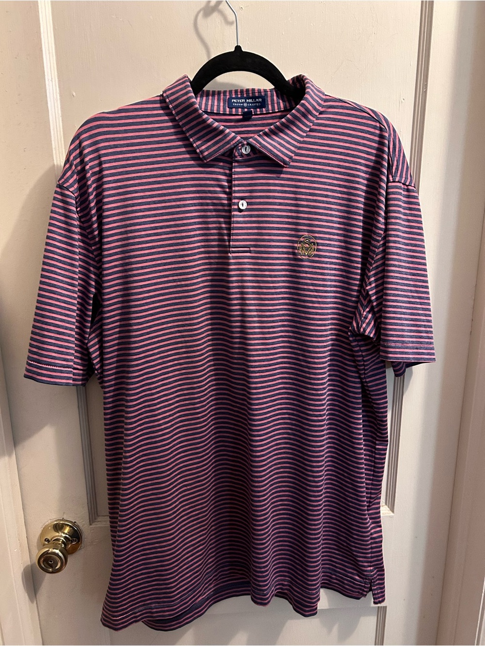 Peter Millar Pink Navy Striped Polo Shirt Sage Valley Golf Club Performance XL
